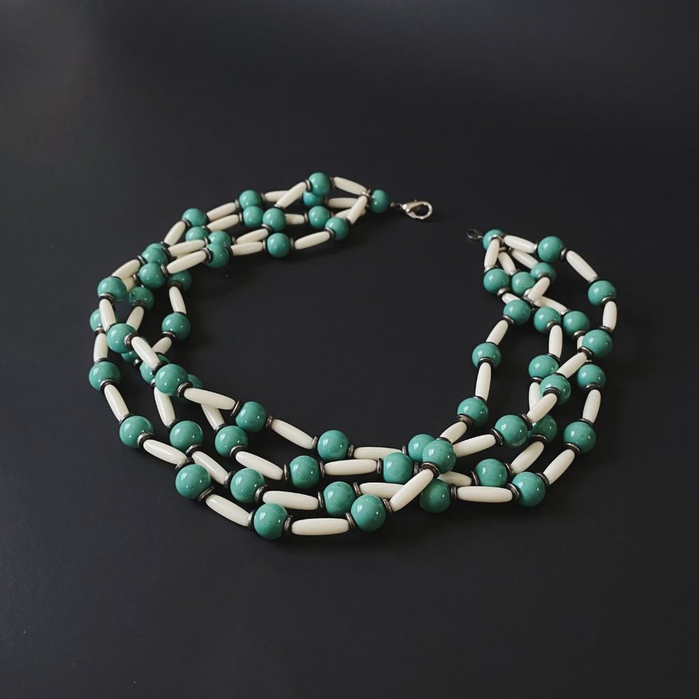 Vintage Japan Signed Teal White Silver Beaded Multi Strand Statement Necklace